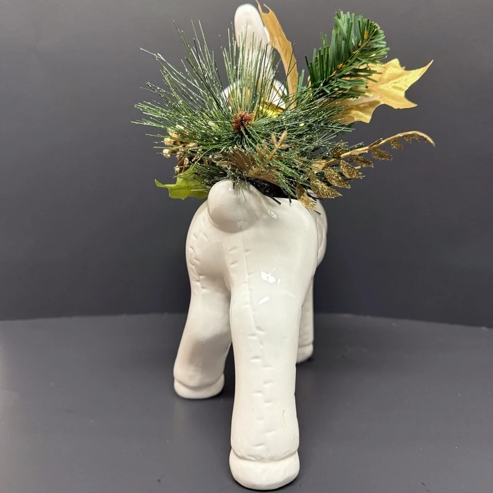 1990’s White Ceramic Reindeer Planter with Gold Bow & Greenery EUC